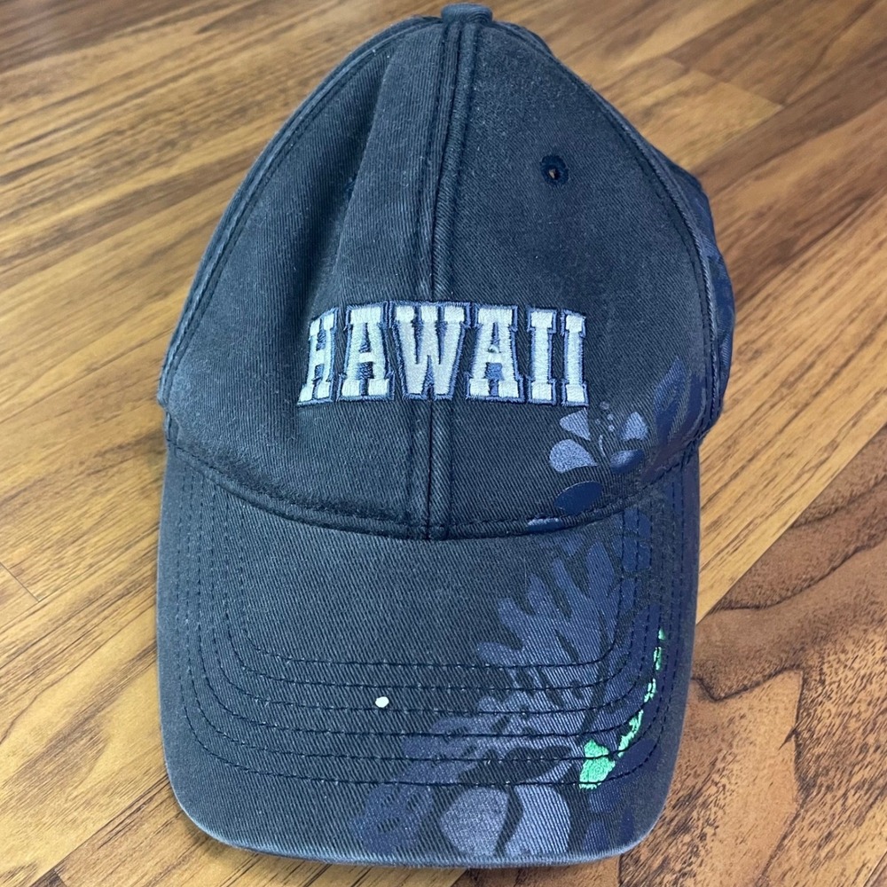 Hawaiian Headwear Hawaii Baseball Cap Hat Black Floral Hibiscus Embroidered OSFM